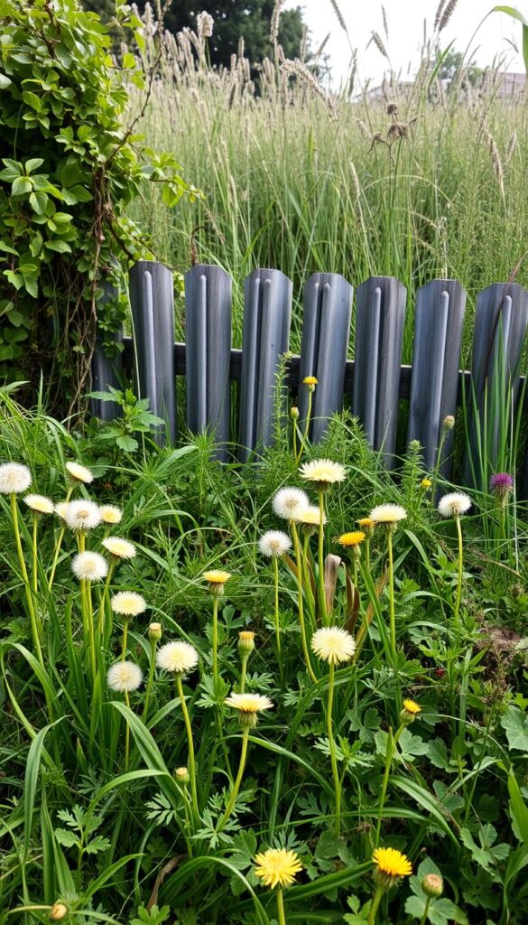 Weeds and pests thriving in a lush, overgrown garden. In the foreground, a tangled mass of dandelions, crabgrass, and wild clover. Creeping vines and ivy crawl up the weathered fence in the middle ground. Behind, a dense thicket of brambles, thistles, and tall grass obscures the horizon. Soft, diffused sunlight filters through the canopy, casting long shadows. The scene evokes a sense of nature reclaiming its territory, yet with a touch of whimsical charm. Captured with a wide-angle lens to emphasize the depth and texture of the wild botanical elements. Weeds and pests thriving in a lush, overgrown garden. In the foreground, a tangled mass of dandelions, crabgrass, and wild clover. Creeping vines and ivy crawl up the weathered fence in the middle ground. Behind, a dense thicket of brambles, thistles, and tall grass obscures the horizon. Soft, diffused sunlight filters through the canopy, casting long shadows. The scene evokes a sense of nature reclaiming its territory, yet with a touch of whimsical charm. Captured with a wide-angle lens to emphasize the depth and texture of the wild botanical elements.