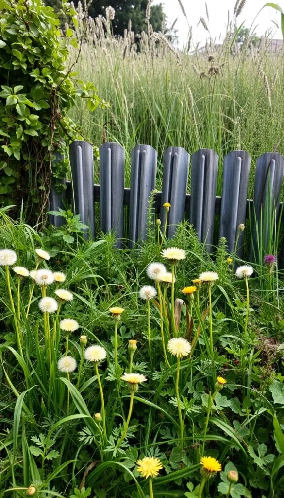 Weeds and pests thriving in a lush, overgrown garden. In the foreground, a tangled mass of dandelions, crabgrass, and wild clover. Creeping vines and ivy crawl up the weathered fence in the middle ground. Behind, a dense thicket of brambles, thistles, and tall grass obscures the horizon. Soft, diffused sunlight filters through the canopy, casting long shadows. The scene evokes a sense of nature reclaiming its territory, yet with a touch of whimsical charm. Captured with a wide-angle lens to emphasize the depth and texture of the wild botanical elements. Weeds and pests thriving in a lush, overgrown garden. In the foreground, a tangled mass of dandelions, crabgrass, and wild clover. Creeping vines and ivy crawl up the weathered fence in the middle ground. Behind, a dense thicket of brambles, thistles, and tall grass obscures the horizon. Soft, diffused sunlight filters through the canopy, casting long shadows. The scene evokes a sense of nature reclaiming its territory, yet with a touch of whimsical charm. Captured with a wide-angle lens to emphasize the depth and texture of the wild botanical elements.