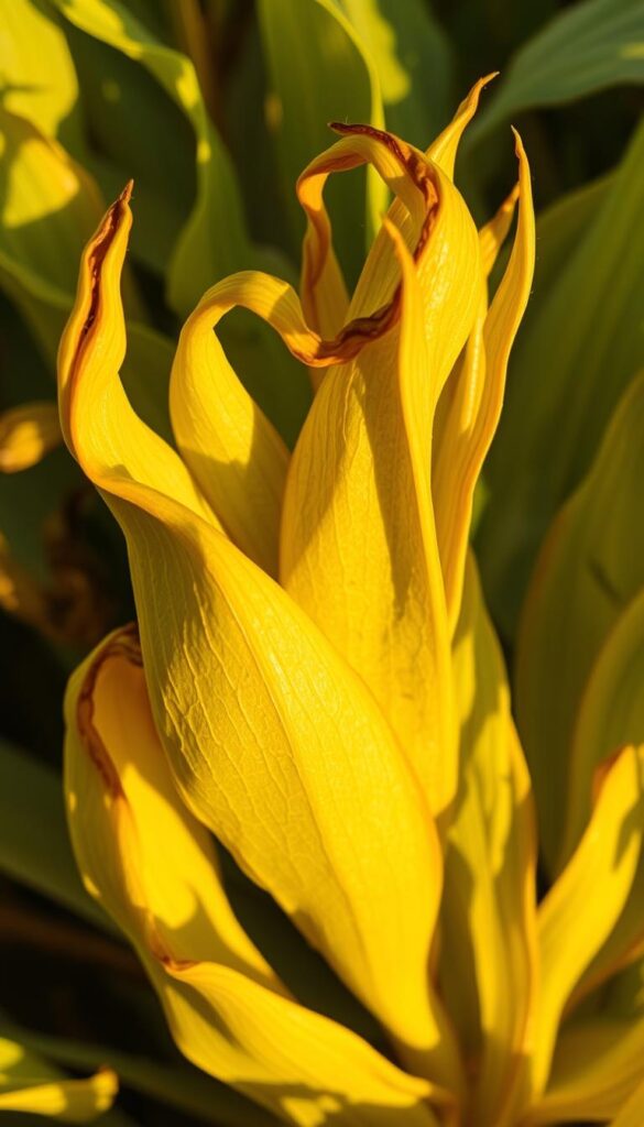 Wilting green leaves, curled and discolored, bathed in warm, golden light. A close-up view, showcasing the delicate veins and the crisp, arid texture of the foliage. The leaves appear stressed, with hints of brown and yellow, a testament to the harsh conditions they endure. The lighting casts soft, dramatic shadows, accentuating the contours and the fragile nature of the plant. The overall atmosphere conveys a sense of resilience and the struggle of the vegetation to adapt to the heat. A compelling visual representation of the early signs of heat stress in flowers.