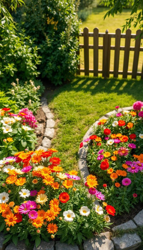 Yard mapping for a lush, vibrant flower bed in soft natural light. A detailed, top-down view of a neatly defined garden plot, bordered by a low stone wall. The foreground features a carefully planned layout of blooming flower varieties in harmonious colors, their petals gently swaying. The middle ground showcases a small path winding through the garden, framed by verdant foliage. The background depicts a tranquil, sun-dappled lawn leading to a picturesque wooden fence. This serene, inviting scene captures the essence of a well-designed flower garden that flourishes throughout the seasons. Yard mapping for a lush, vibrant flower bed in soft natural light. A detailed, top-down view of a neatly defined garden plot, bordered by a low stone wall. The foreground features a carefully planned layout of blooming flower varieties in harmonious colors, their petals gently swaying. The middle ground showcases a small path winding through the garden, framed by verdant foliage. The background depicts a tranquil, sun-dappled lawn leading to a picturesque wooden fence. This serene, inviting scene captures the essence of a well-designed flower garden that flourishes throughout the seasons.