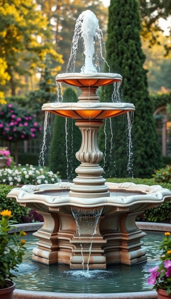 a beautiful, ornate garden fountain with a central column and cascading tiers, surrounded by lush greenery and flowering plants in a well-manicured, peaceful garden setting. The fountain has a classic, timeless design with intricate stonework and sculpted details. Warm, soft lighting illuminates the water flow, creating a serene, relaxing ambiance. The camera angle captures the fountain from a slightly elevated perspective, showcasing its elegant proportions and the tranquil scene. The overall mood is one of refreshing calmness and natural harmony, perfectly suited for a section on choosing the ideal garden fountain for one's outdoor space.