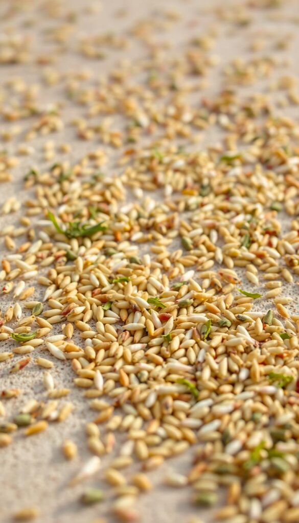 a close-up, high-resolution photograph of various grass seeds scattered on a light-colored surface, with a soft, even lighting that highlights the individual seeds' textures and colors. The seeds should be shown in the foreground, with a blurred, out-of-focus background to create a sense of depth. The seeds should appear vibrant, healthy, and freshly harvested, conveying a sense of quality and potential for growth. The overall mood should be one of natural, organic beauty, and the image should effectively communicate the idea of choosing the right grass seed for a lawn-reseeding project. a close-up, high-resolution photograph of various grass seeds scattered on a light-colored surface, with a soft, even lighting that highlights the individual seeds' textures and colors. The seeds should be shown in the foreground, with a blurred, out-of-focus background to create a sense of depth. The seeds should appear vibrant, healthy, and freshly harvested, conveying a sense of quality and potential for growth. The overall mood should be one of natural, organic beauty, and the image should effectively communicate the idea of choosing the right grass seed for a lawn-reseeding project.