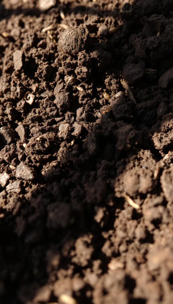 a close-up macro photograph of rich, dark brown soil, brimming with organic matter and nutrients, showcasing the intricate texture and structure of the earth. The soil is well-drained and crumbly, with visible worm castings and decomposing plant matter. The image is lit from the side, casting dramatic shadows that accentuate the contours and layers of the soil. The focus is sharp, with a shallow depth of field that isolates the soil and blurs the background, creating a sense of depth and intimacy. The overall mood is earthy, natural, and inviting, conveying the ideal conditions for healthy plant growth. a close-up macro photograph of rich, dark brown soil, brimming with organic matter and nutrients, showcasing the intricate texture and structure of the earth. The soil is well-drained and crumbly, with visible worm castings and decomposing plant matter. The image is lit from the side, casting dramatic shadows that accentuate the contours and layers of the soil. The focus is sharp, with a shallow depth of field that isolates the soil and blurs the background, creating a sense of depth and intimacy. The overall mood is earthy, natural, and inviting, conveying the ideal conditions for healthy plant growth.