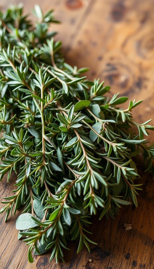 a close-up photograph of a bundle of freshly harvested herbs, including rosemary, thyme, and sage, with their vibrant green leaves and delicate textures, resting on a rustic wooden table, with soft, natural lighting illuminating the scene, creating a warm, cozy, and inviting atmosphere, ideal for a winter cooking setting. a close-up photograph of a bundle of freshly harvested herbs, including rosemary, thyme, and sage, with their vibrant green leaves and delicate textures, resting on a rustic wooden table, with soft, natural lighting illuminating the scene, creating a warm, cozy, and inviting atmosphere, ideal for a winter cooking setting.