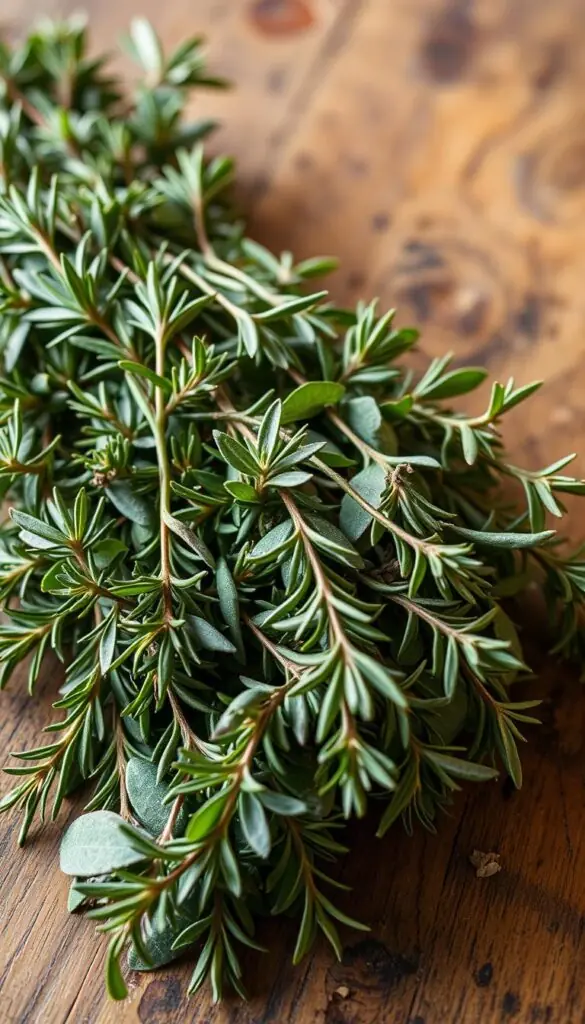 a close-up photograph of a bundle of freshly harvested herbs, including rosemary, thyme, and sage, with their vibrant green leaves and delicate textures, resting on a rustic wooden table, with soft, natural lighting illuminating the scene, creating a warm, cozy, and inviting atmosphere, ideal for a winter cooking setting. a close-up photograph of a bundle of freshly harvested herbs, including rosemary, thyme, and sage, with their vibrant green leaves and delicate textures, resting on a rustic wooden table, with soft, natural lighting illuminating the scene, creating a warm, cozy, and inviting atmosphere, ideal for a winter cooking setting.