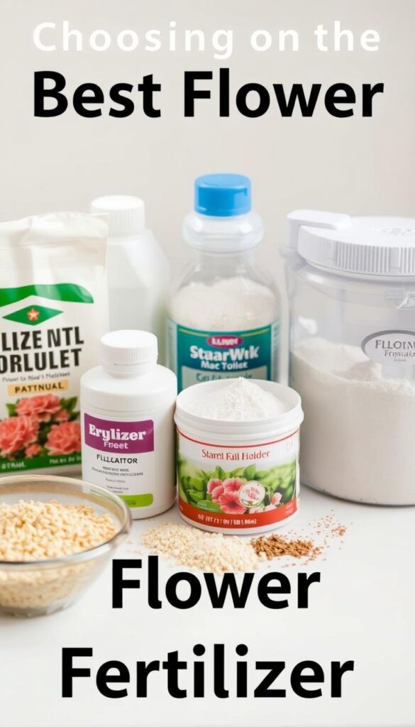 a close-up photograph of various types of flower fertilizer, including granular, liquid, and powder formulas, neatly arranged on a clean, white surface. The lighting is soft and diffused, highlighting the textures and colors of the different fertilizer products. The composition is well-balanced, with the fertilizers taking up the majority of the frame, allowing the viewer to focus on the details and compare the different formulations. The overall mood is informative and inviting, reflecting the educational nature of the article's section on choosing the best flower fertilizer.