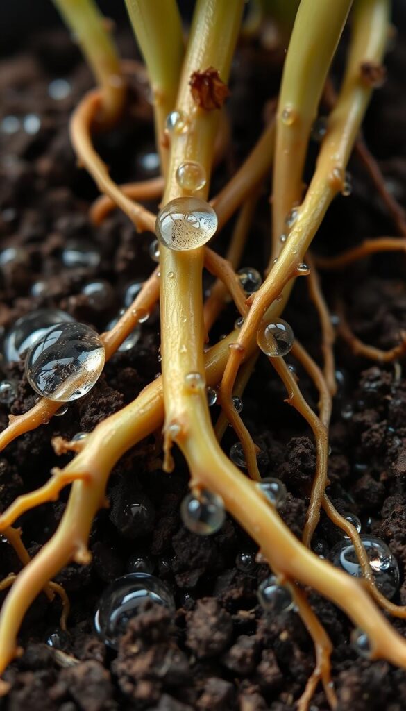a close-up photograph of water droplets on soil, revealing intertwined plant roots, illuminated by soft natural lighting, with a shallow depth of field to emphasize the textures and details, conveying a sense of delicate balance and care required for healthy houseplant roots in winter