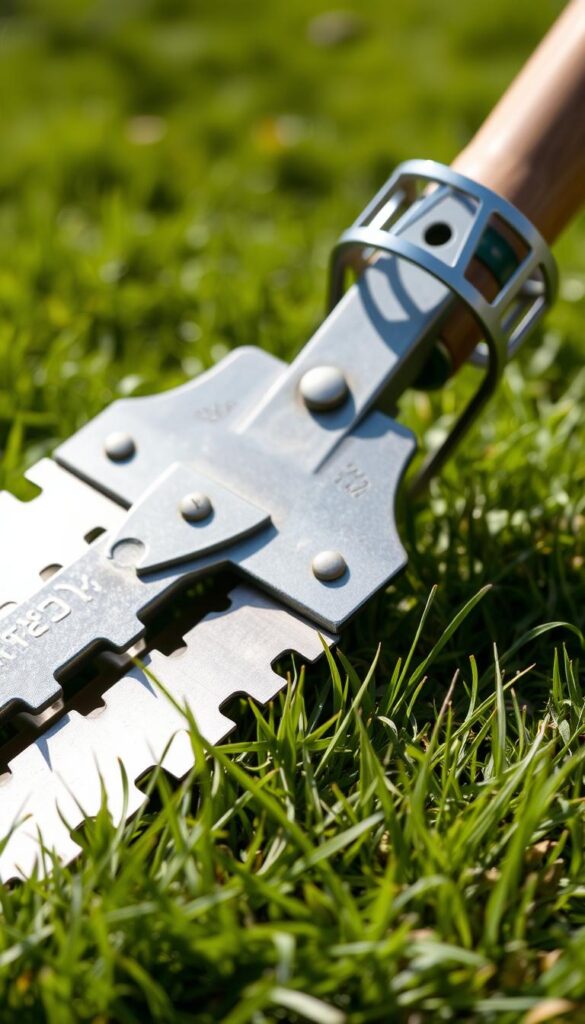 a close-up shot of a manual lawn edger tool, showing its sharp steel blade with serrated edges, the sturdy wooden handle, and a metal guard to protect the user's hands. The edger is resting on a bed of freshly cut grass, with clean, crisp edges visible in the foreground. The lighting is bright and natural, casting highlights and shadows that accentuate the tool's industrial design. The background is slightly blurred, but suggests a well-maintained lawn, creating a sense of focus and purpose for the edger's role in lawn care.