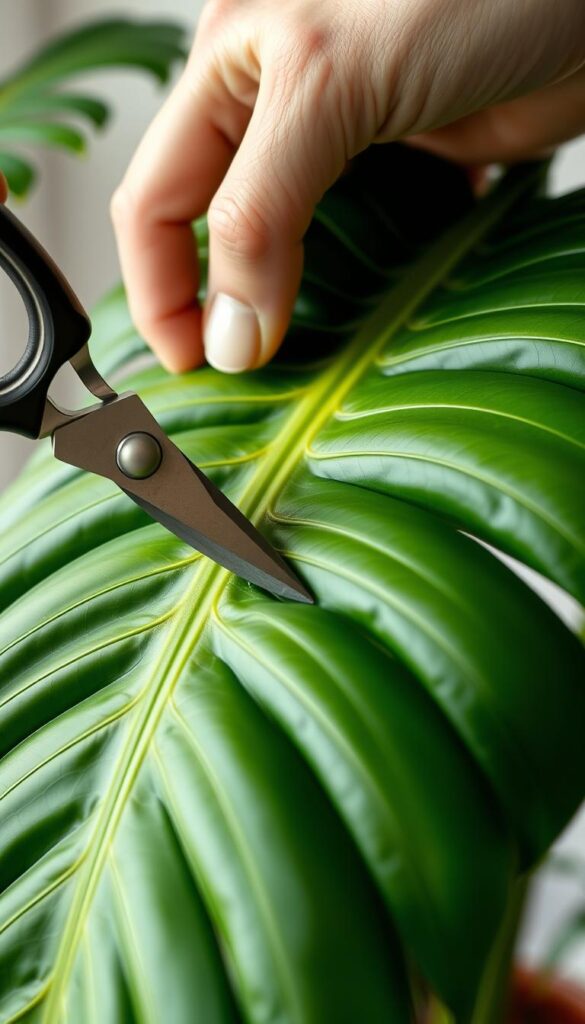 a close-up shot of a person's hand carefully selecting a healthy, mature Monstera deliciosa leaf with a sharp, clean pair of pruning shears, showcasing the leaf's vibrant green color, thick texture, and prominent veining. The shears are positioned precisely at the base of the leaf, ready to make a clean, angled cut to ensure a successful propagation. The background is slightly blurred, putting the focus entirely on the intricate details of the Monstera leaf and the cutting process. Soft, natural lighting illuminates the scene, creating a sense of care and precision in the overall composition. a close-up shot of a person's hand carefully selecting a healthy, mature Monstera deliciosa leaf with a sharp, clean pair of pruning shears, showcasing the leaf's vibrant green color, thick texture, and prominent veining. The shears are positioned precisely at the base of the leaf, ready to make a clean, angled cut to ensure a successful propagation. The background is slightly blurred, putting the focus entirely on the intricate details of the Monstera leaf and the cutting process. Soft, natural lighting illuminates the scene, creating a sense of care and precision in the overall composition.