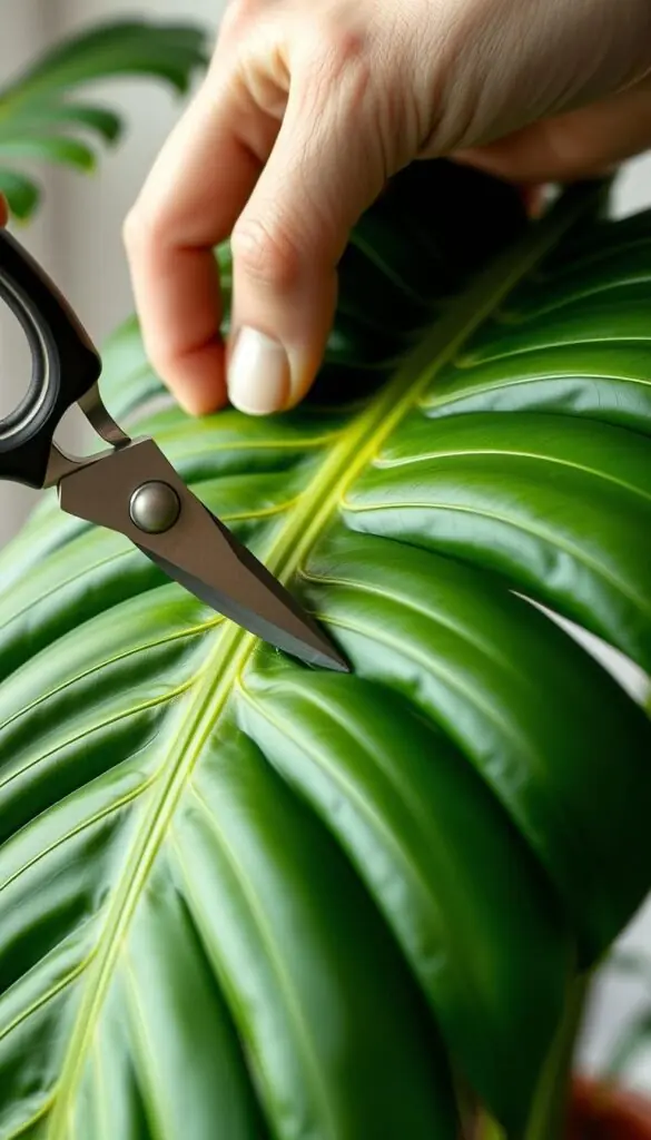 a close-up shot of a person's hand carefully selecting a healthy, mature Monstera deliciosa leaf with a sharp, clean pair of pruning shears, showcasing the leaf's vibrant green color, thick texture, and prominent veining. The shears are positioned precisely at the base of the leaf, ready to make a clean, angled cut to ensure a successful propagation. The background is slightly blurred, putting the focus entirely on the intricate details of the Monstera leaf and the cutting process. Soft, natural lighting illuminates the scene, creating a sense of care and precision in the overall composition. a close-up shot of a person's hand carefully selecting a healthy, mature Monstera deliciosa leaf with a sharp, clean pair of pruning shears, showcasing the leaf's vibrant green color, thick texture, and prominent veining. The shears are positioned precisely at the base of the leaf, ready to make a clean, angled cut to ensure a successful propagation. The background is slightly blurred, putting the focus entirely on the intricate details of the Monstera leaf and the cutting process. Soft, natural lighting illuminates the scene, creating a sense of care and precision in the overall composition.