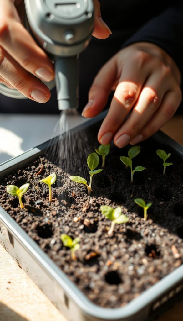 a close-up view of a person's hands gently watering newly sprouted seedlings growing in a mix of soil, perlite, and vermiculite in a small gardening tray. The seedlings are evenly spaced, their delicate green leaves just emerging from the moist, dark soil. Soft, diffused natural light illuminates the scene, casting gentle shadows that accentuate the textures of the soil and the tender new growth. The hands are holding a watering can with a fine spray nozzle, carefully misting the soil to maintain an even, steady moisture level. The overall mood is one of calm, attentive care, reflecting the nurturing process of starting seeds indoors for the spring vegetable garden. a close-up view of a person's hands gently watering newly sprouted seedlings growing in a mix of soil, perlite, and vermiculite in a small gardening tray. The seedlings are evenly spaced, their delicate green leaves just emerging from the moist, dark soil. Soft, diffused natural light illuminates the scene, casting gentle shadows that accentuate the textures of the soil and the tender new growth. The hands are holding a watering can with a fine spray nozzle, carefully misting the soil to maintain an even, steady moisture level. The overall mood is one of calm, attentive care, reflecting the nurturing process of starting seeds indoors for the spring vegetable garden.
