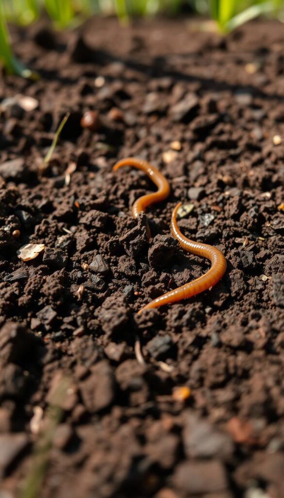 a closeup of rich, dark brown soil with visible organic matter and earthworms, in a well-lit natural setting with soft shadows, captured with a high-resolution macro lens at a low angle to emphasize the detailed texture and structure of the soil, conveying the importance of understanding soil composition for effective lawn and garden care