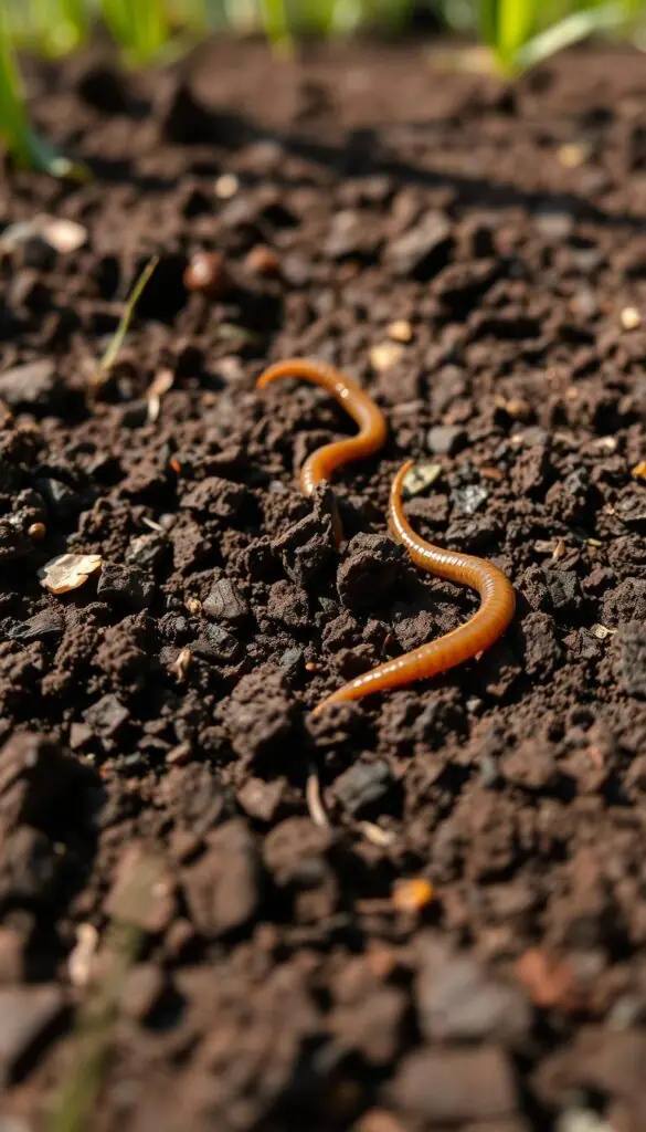 a closeup of rich, dark brown soil with visible organic matter and earthworms, in a well-lit natural setting with soft shadows, captured with a high-resolution macro lens at a low angle to emphasize the detailed texture and structure of the soil, conveying the importance of understanding soil composition for effective lawn and garden care a closeup of rich, dark brown soil with visible organic matter and earthworms, in a well-lit natural setting with soft shadows, captured with a high-resolution macro lens at a low angle to emphasize the detailed texture and structure of the soil, conveying the importance of understanding soil composition for effective lawn and garden care