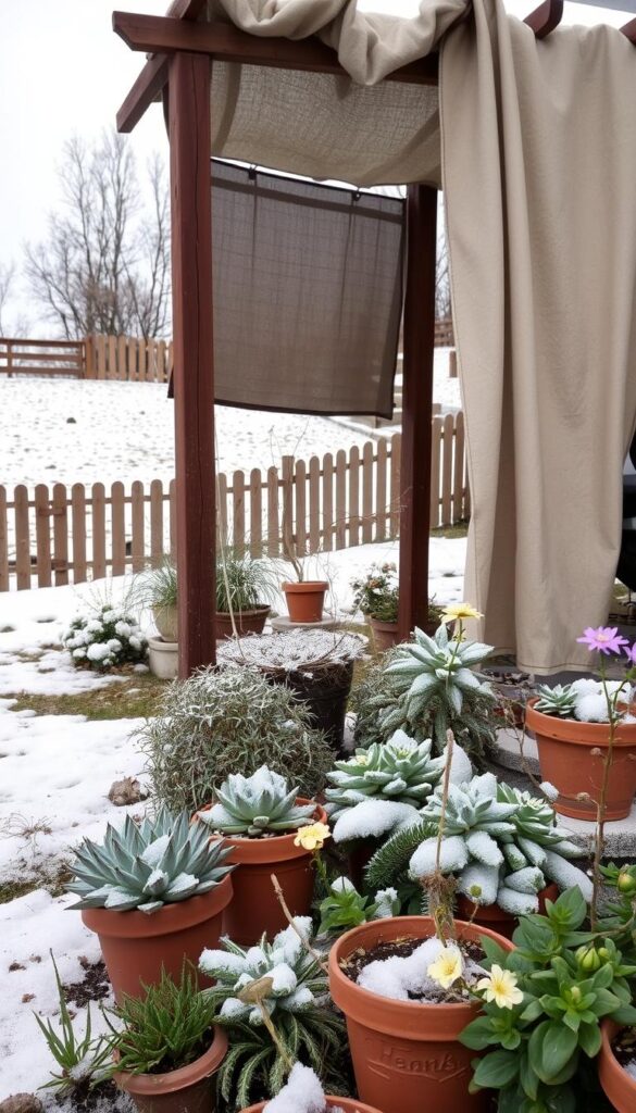 a cozy garden scene with frost-resistant plants in the foreground, including an assortment of hardy succulents, rustic terracotta pots, and a few delicate winter blooms peeking through the snow. in the middle ground, a wooden garden trellis draped with a protective fabric covering, casting soft shadows over the scene. the background features a gently sloping hill dusted with a light layer of snow, with a wooden fence and a few bare trees silhouetted against a overcast sky. the overall mood is serene and peaceful, conveying a sense of preparedness and resilience against the winter chill.
