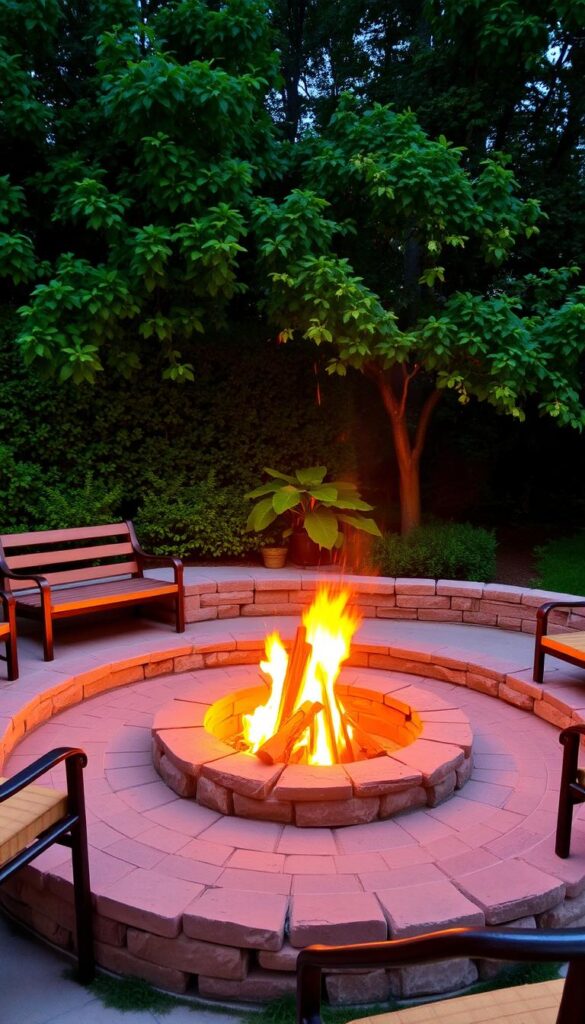 a cozy outdoor fire pit area with a stone or brick surround, a crackling wood fire at the center, and comfortable seating such as wooden benches or wicker chairs arranged around it. The area is illuminated by the warm glow of the fire, casting a soft light across the scene. The background features lush greenery, such as trees or shrubs, creating a natural and inviting ambiance. The overall mood is one of relaxation and togetherness, perfect for an evening of conversation and s'mores under the stars.