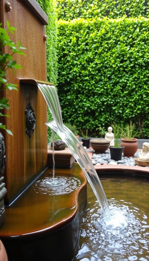 a detailed and serene water feature wall fountain in a small, lush garden setting. the foreground features a gently flowing water cascade spilling down a natural stone or ceramic facade, with pools of still water at the base. the middle ground includes carefully placed potted plants, small pebbles or river rocks, and perhaps a few ornamental statues or figurines. the background showcases a verdant green wall of well-trimmed hedges or climbing vines, creating a sense of enclosure and privacy. the lighting is soft and diffuse, with warm highlights illuminating the water's surface and casting subtle shadows. the overall mood is one of tranquility, relaxation, and a harmonious balance between nature and human-made elements. a detailed and serene water feature wall fountain in a small, lush garden setting. the foreground features a gently flowing water cascade spilling down a natural stone or ceramic facade, with pools of still water at the base. the middle ground includes carefully placed potted plants, small pebbles or river rocks, and perhaps a few ornamental statues or figurines. the background showcases a verdant green wall of well-trimmed hedges or climbing vines, creating a sense of enclosure and privacy. the lighting is soft and diffuse, with warm highlights illuminating the water's surface and casting subtle shadows. the overall mood is one of tranquility, relaxation, and a harmonious balance between nature and human-made elements.