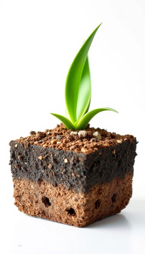 a detailed cross-section of a soil mix, showcasing its layered composition and drainage properties, shot with a macro lens in natural lighting against a clean, white background. the foreground features a rich, loamy topsoil layer with visible organic matter, transitioning into a middle layer of porous, well-aerated potting mix with coarse sand and perlite for improved drainage. the background reveals the bottom layer of the container, highlighting the importance of strategically placed drainage holes to allow excess water to escape, promoting healthy root growth for snake plants. the overall composition conveys a sense of balance, structure, and scientific curiosity about the optimal soil conditions for thriving snake plants. a detailed cross-section of a soil mix, showcasing its layered composition and drainage properties, shot with a macro lens in natural lighting against a clean, white background. the foreground features a rich, loamy topsoil layer with visible organic matter, transitioning into a middle layer of porous, well-aerated potting mix with coarse sand and perlite for improved drainage. the background reveals the bottom layer of the container, highlighting the importance of strategically placed drainage holes to allow excess water to escape, promoting healthy root growth for snake plants. the overall composition conveys a sense of balance, structure, and scientific curiosity about the optimal soil conditions for thriving snake plants.