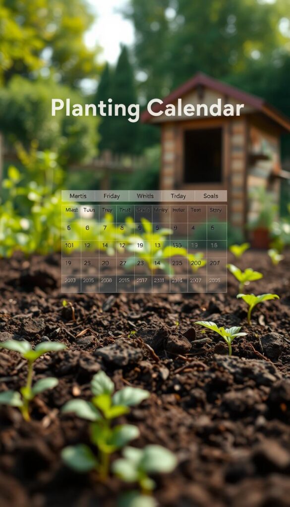 a detailed illustration of a planting calendar for a small garden, showing the soil and seasonal cycles. a lush, fertile garden soil in the foreground, with a visual calendar of planting months and seasons overlaid in the middle ground. the background features a serene outdoor scene with a wooden garden shed, lush greenery, and a soft, warm lighting that conveys the tranquility of gardening. the image should have a high level of detail, clear and crisp focus, and a natural, earthy color palette that evokes the joy of nurturing plants and vegetables. a detailed illustration of a planting calendar for a small garden, showing the soil and seasonal cycles. a lush, fertile garden soil in the foreground, with a visual calendar of planting months and seasons overlaid in the middle ground. the background features a serene outdoor scene with a wooden garden shed, lush greenery, and a soft, warm lighting that conveys the tranquility of gardening. the image should have a high level of detail, clear and crisp focus, and a natural, earthy color palette that evokes the joy of nurturing plants and vegetables.