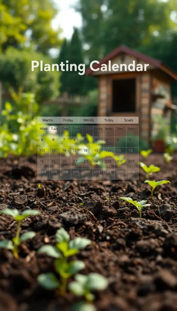 a detailed illustration of a planting calendar for a small garden, showing the soil and seasonal cycles. a lush, fertile garden soil in the foreground, with a visual calendar of planting months and seasons overlaid in the middle ground. the background features a serene outdoor scene with a wooden garden shed, lush greenery, and a soft, warm lighting that conveys the tranquility of gardening. the image should have a high level of detail, clear and crisp focus, and a natural, earthy color palette that evokes the joy of nurturing plants and vegetables. a detailed illustration of a planting calendar for a small garden, showing the soil and seasonal cycles. a lush, fertile garden soil in the foreground, with a visual calendar of planting months and seasons overlaid in the middle ground. the background features a serene outdoor scene with a wooden garden shed, lush greenery, and a soft, warm lighting that conveys the tranquility of gardening. the image should have a high level of detail, clear and crisp focus, and a natural, earthy color palette that evokes the joy of nurturing plants and vegetables.