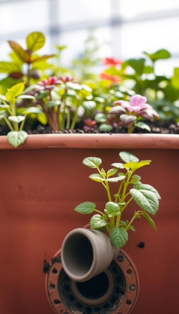 a detailed photograph of a planter with a drainage solution, shot with a wide-angle lens in natural daylight. the planter is made of terracotta, filled with potting soil, and features a variety of lush, vibrant plants. in the foreground, a small drainage pipe or spout protrudes from the base of the planter, allowing excess water to flow out. the middle ground shows the planter's sturdy construction, with visible drainage holes or a raised platform to promote airflow. the background is blurred, emphasizing the planter's central focus. the overall mood is one of gardening, with a sense of careful cultivation and attention to detail to prevent root rot. a detailed photograph of a planter with a drainage solution, shot with a wide-angle lens in natural daylight. the planter is made of terracotta, filled with potting soil, and features a variety of lush, vibrant plants. in the foreground, a small drainage pipe or spout protrudes from the base of the planter, allowing excess water to flow out. the middle ground shows the planter's sturdy construction, with visible drainage holes or a raised platform to promote airflow. the background is blurred, emphasizing the planter's central focus. the overall mood is one of gardening, with a sense of careful cultivation and attention to detail to prevent root rot.