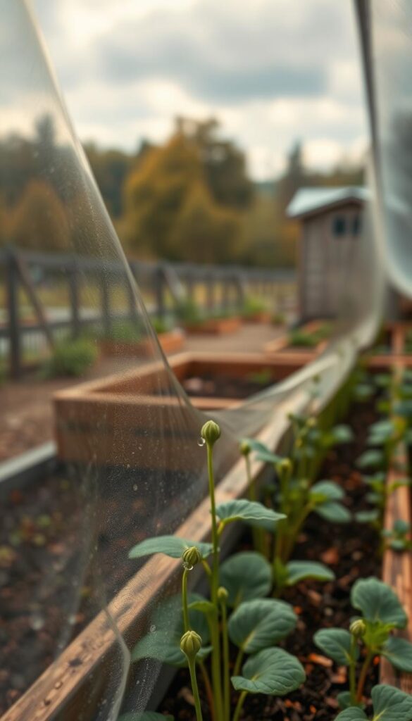 a detailed, photorealistic digital art illustration of a vegetable garden in autumn, with a close-up view of a row of plants protected from frost by a transparent plastic covering. The foreground shows the delicate leaves and stems of the plants peeking through the plastic, with tiny beads of condensation visible. The middle ground features a wooden raised garden bed, with soil and mulch visible. The background depicts a blurred, out-of-focus landscape of trees, a shed, and a cloudy sky. The lighting is soft and diffused, creating a warm, cozy atmosphere. The overall scene conveys the idea of protecting vulnerable plants from the first signs of frost in the fall season.
