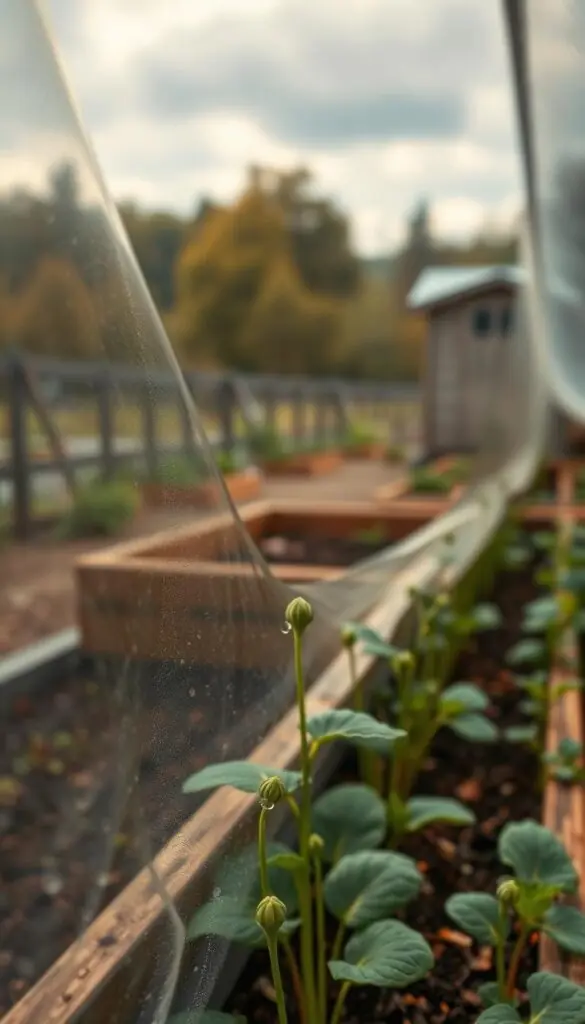 a detailed, photorealistic digital art illustration of a vegetable garden in autumn, with a close-up view of a row of plants protected from frost by a transparent plastic covering. The foreground shows the delicate leaves and stems of the plants peeking through the plastic, with tiny beads of condensation visible. The middle ground features a wooden raised garden bed, with soil and mulch visible. The background depicts a blurred, out-of-focus landscape of trees, a shed, and a cloudy sky. The lighting is soft and diffused, creating a warm, cozy atmosphere. The overall scene conveys the idea of protecting vulnerable plants from the first signs of frost in the fall season.