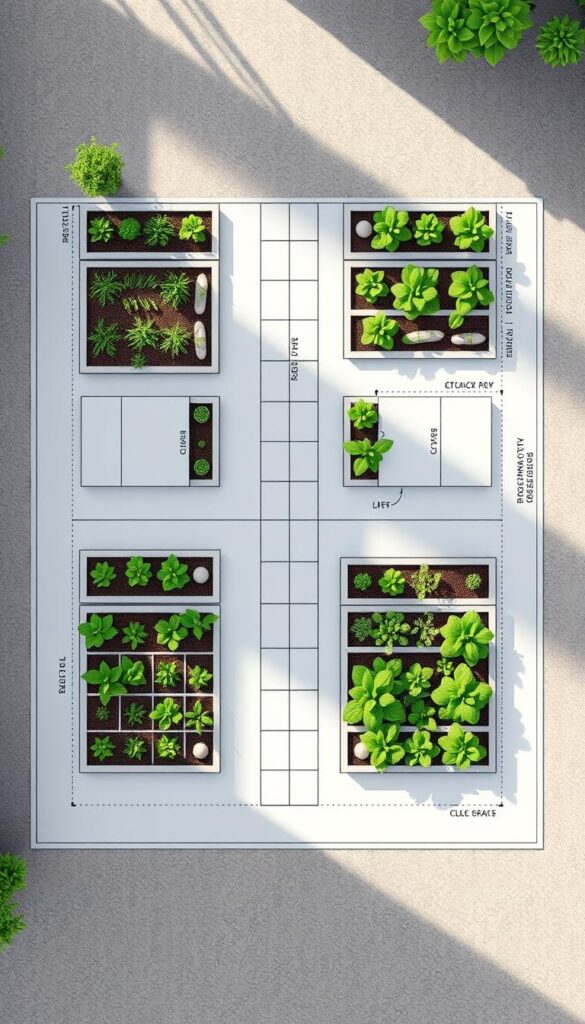 a detailed plan size layout for a raised bed garden, viewed from an overhead perspective, with a precise blueprint-style rendering of the garden beds, walkways, and other key elements. the layout is designed for maximum comfort and productivity, with carefully considered dimensions and spacing to optimize yields. the scene is illuminated by soft, natural daylight, with clean lines and a serene, minimalist aesthetic. the composition highlights the orderly, organized nature of the design, conveying a sense of tranquility and efficiency.