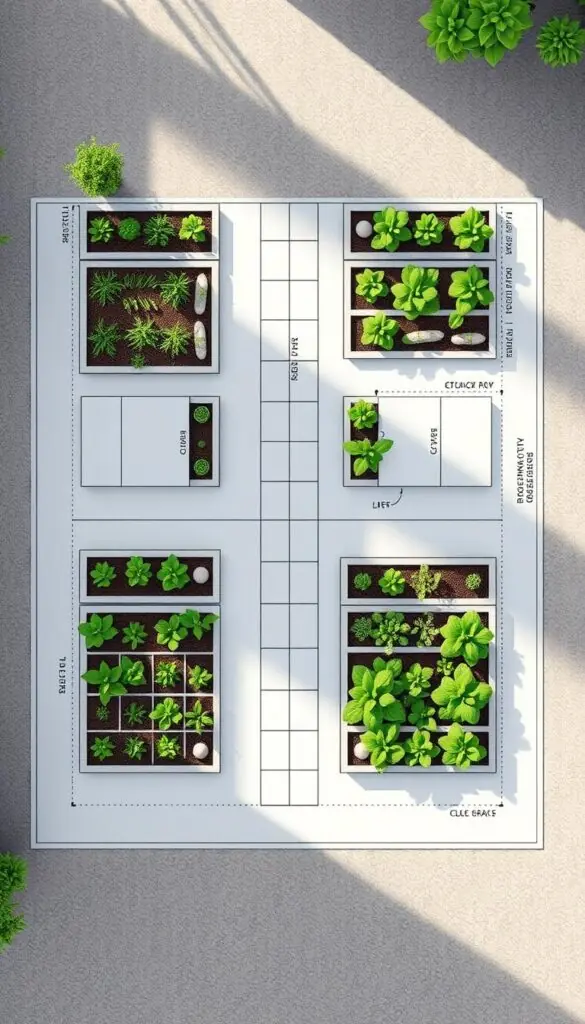 a detailed plan size layout for a raised bed garden, viewed from an overhead perspective, with a precise blueprint-style rendering of the garden beds, walkways, and other key elements. the layout is designed for maximum comfort and productivity, with carefully considered dimensions and spacing to optimize yields. the scene is illuminated by soft, natural daylight, with clean lines and a serene, minimalist aesthetic. the composition highlights the orderly, organized nature of the design, conveying a sense of tranquility and efficiency. a detailed plan size layout for a raised bed garden, viewed from an overhead perspective, with a precise blueprint-style rendering of the garden beds, walkways, and other key elements. the layout is designed for maximum comfort and productivity, with carefully considered dimensions and spacing to optimize yields. the scene is illuminated by soft, natural daylight, with clean lines and a serene, minimalist aesthetic. the composition highlights the orderly, organized nature of the design, conveying a sense of tranquility and efficiency.