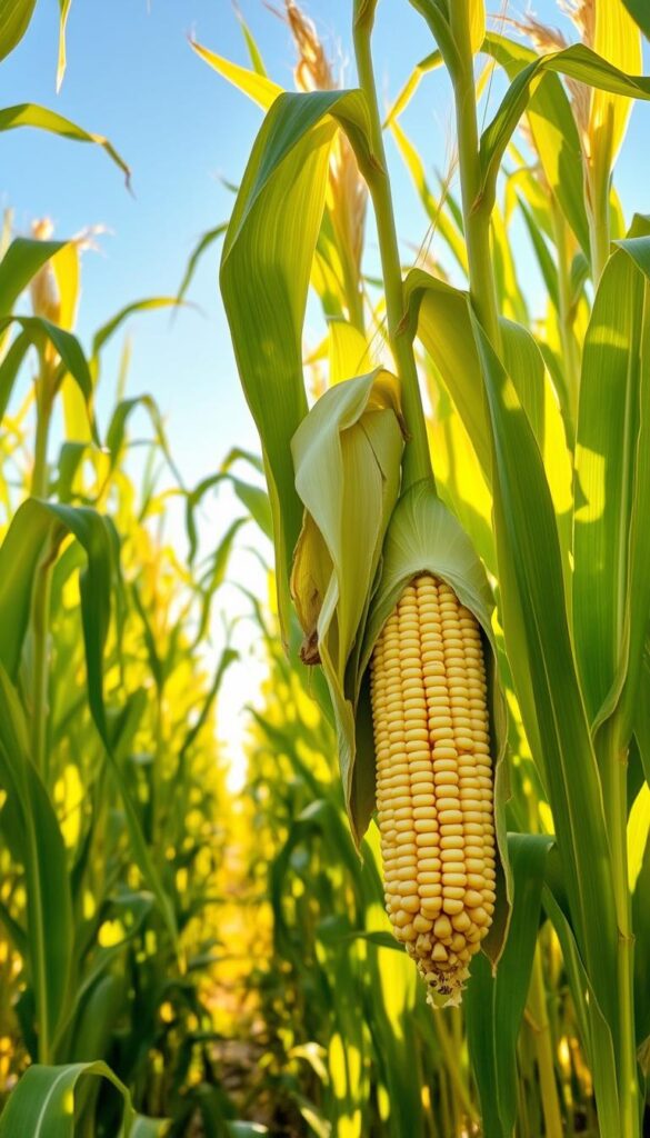 a field of lush, golden corn stalks swaying in the summer breeze, their long, slender leaves rustling gently. in the foreground, several plump, juicy ears of corn hang from the stalks, their vibrant green husks peeled back to reveal the glistening, milky kernels inside. the warm, golden sunlight filters through the leaves, casting a soft, glowing light over the scene. in the distance, a cloudless blue sky stretches out, creating a peaceful, serene atmosphere. the overall mood is one of abundance, nourishment, and the joyful celebration of the summer harvest. a field of lush, golden corn stalks swaying in the summer breeze, their long, slender leaves rustling gently. in the foreground, several plump, juicy ears of corn hang from the stalks, their vibrant green husks peeled back to reveal the glistening, milky kernels inside. the warm, golden sunlight filters through the leaves, casting a soft, glowing light over the scene. in the distance, a cloudless blue sky stretches out, creating a peaceful, serene atmosphere. the overall mood is one of abundance, nourishment, and the joyful celebration of the summer harvest.
