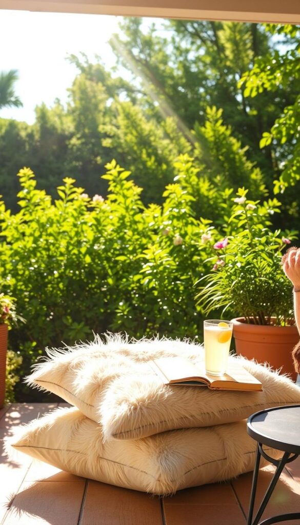 a fluffy outdoor cushion covers on a patio, with a glass of lemonade and a book on a side table, under a warm afternoon sunlight filtering through lush greenery in the background, creating a relaxing, easy-going atmosphere for a busy but well-maintained outdoor living space a fluffy outdoor cushion covers on a patio, with a glass of lemonade and a book on a side table, under a warm afternoon sunlight filtering through lush greenery in the background, creating a relaxing, easy-going atmosphere for a busy but well-maintained outdoor living space