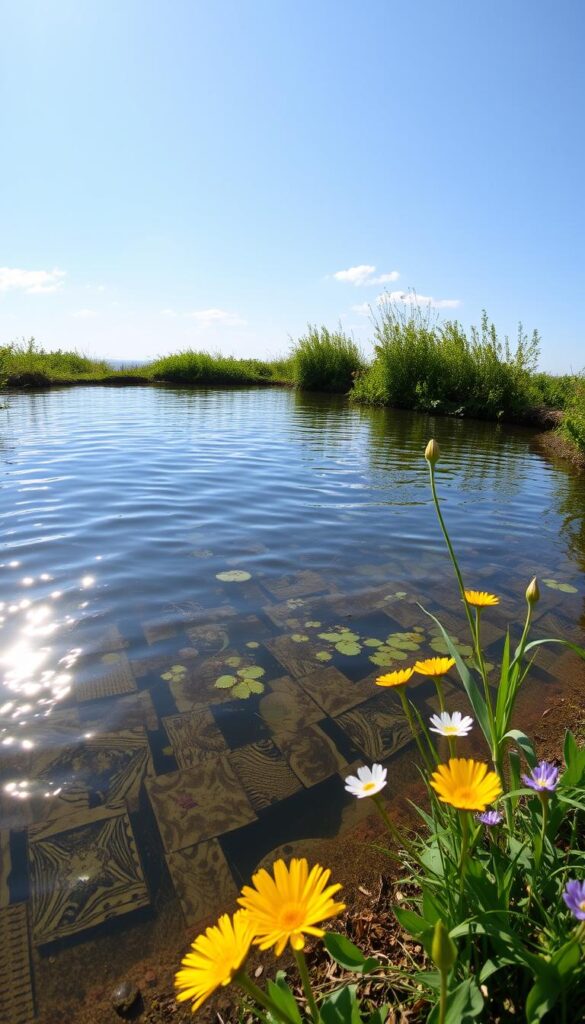 a freshly cleaned, sun-dappled garden pond, the surface gently rippling with reflections of lush greenery and a cloudless azure sky above. a serene, calming ambiance, the water shimmering with a soft, ethereal glow. the pond's edges are lined with vibrant wildflowers and new spring foliage, creating a natural, rejuvenated landscape. the overall scene exudes a sense of renewed life and growth, inviting one to pause and appreciate the beauty of this tranquil oasis.