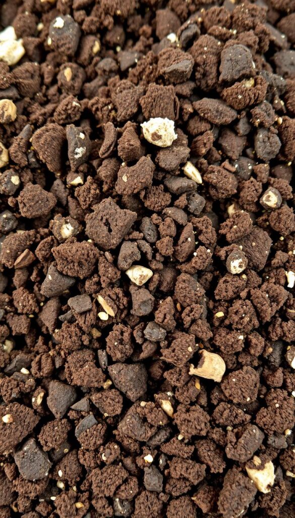 a high resolution, detailed close-up photograph of a lush, fluffy, nutrient-rich potting soil with a slightly moist, crumbly texture, showcasing the dark brown, loamy organic matter and pockets of light-colored perlite or vermiculite. The soil should have a soft, airy appearance, with visible fibrous plant roots and tiny bits of decaying organic material. Capture the soil in soft, diffused natural lighting that accentuates its earthy tones and fine, granular structure. Shoot the image from a low angle, filling the frame with the soil's intricate, textural details to convey its suitability as a fertile foundation for growing healthy plants in pots.