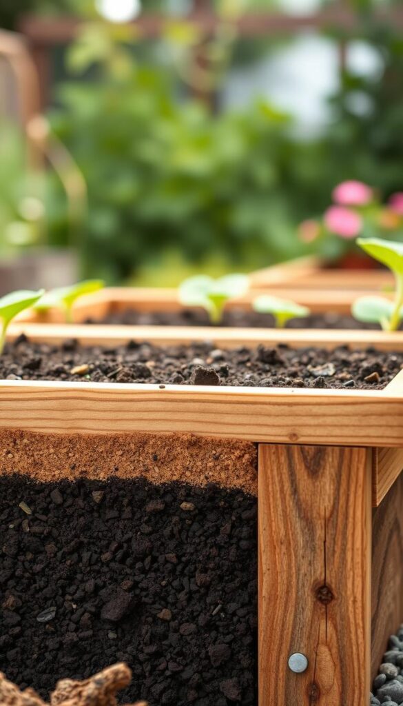 a highly detailed and realistic digital illustration of a cross-section of a raised garden bed, showcasing the different soil layers in vivid detail. The foreground features a close-up view of the soil profile, with distinct layers of dark, nutrient-rich compost, loamy topsoil, and a base layer of drainage gravel. The middle ground shows the overall bed structure, with neatly arranged wooden planks framing the soil. The background blends a soft, out-of-focus garden scene, suggesting a serene, lush environment. The lighting is natural and diffused, creating a warm, earthy tone. The perspective is slightly elevated, allowing the viewer to appreciate the intricate layering of the soil components. The overall mood is one of fertile productivity and careful attention to soil health.