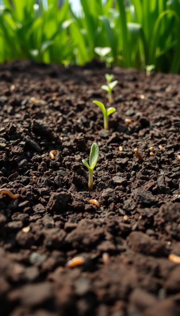 a highly detailed, close-up photograph of rich, loamy soil in a garden bed, captured with a wide-angle lens and natural lighting. The foreground shows the textured, crumbly soil, with a mix of dark organic matter, small pebbles, and earthworms. The middle ground features several freshly planted seeds and seedlings, just emerging from the soil. In the background, lush green foliage from surrounding plants creates a vibrant, verdant backdrop. The overall scene conveys a sense of vitality, fertility, and the promise of a thriving, resilient lawn to come. a highly detailed, close-up photograph of rich, loamy soil in a garden bed, captured with a wide-angle lens and natural lighting. The foreground shows the textured, crumbly soil, with a mix of dark organic matter, small pebbles, and earthworms. The middle ground features several freshly planted seeds and seedlings, just emerging from the soil. In the background, lush green foliage from surrounding plants creates a vibrant, verdant backdrop. The overall scene conveys a sense of vitality, fertility, and the promise of a thriving, resilient lawn to come.