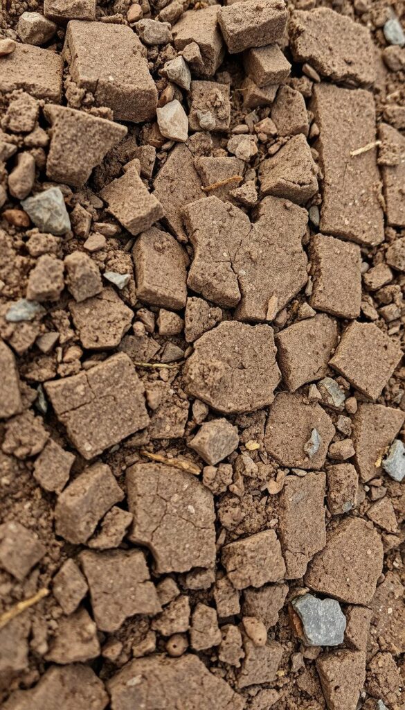 a highly detailed, macro-level photograph of heavily compacted soil, featuring a close-up view of the dense, tightly packed soil particles and aggregates. the soil appears dry, cracked, and discolored, with a muted, earthy palette of browns, ochres, and grays. the texture is rough and uneven, with visible signs of compression and lack of aeration. the lighting is neutral, emphasizing the intricate structure and lack of pore space within the soil. the camera angle is slightly low, creating a sense of the soil's impenetrable, unyielding nature. the overall mood conveys the detrimental effects of soil compaction, highlighting the need to understand and prevent this common lawn management issue.