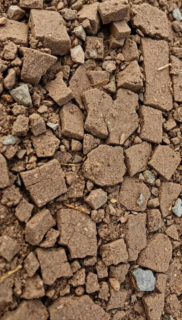 a highly detailed, macro-level photograph of heavily compacted soil, featuring a close-up view of the dense, tightly packed soil particles and aggregates. the soil appears dry, cracked, and discolored, with a muted, earthy palette of browns, ochres, and grays. the texture is rough and uneven, with visible signs of compression and lack of aeration. the lighting is neutral, emphasizing the intricate structure and lack of pore space within the soil. the camera angle is slightly low, creating a sense of the soil's impenetrable, unyielding nature. the overall mood conveys the detrimental effects of soil compaction, highlighting the need to understand and prevent this common lawn management issue.