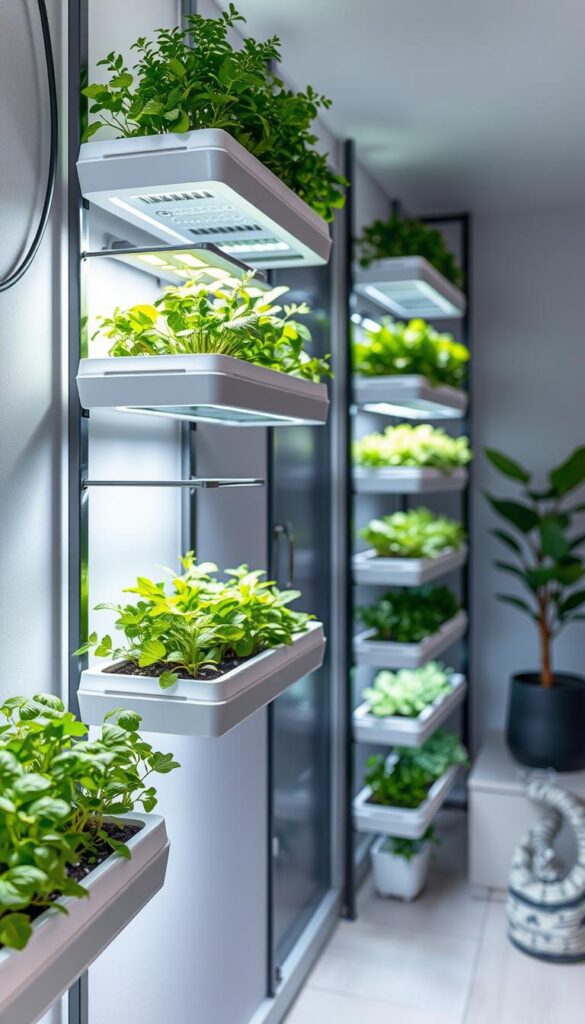 a highly detailed, photorealistic image of a modern indoor hydroponics growing system, showcasing a vertical wall-mounted setup with multiple levels of lush, vibrant herbs and leafy greens thriving in a well-lit, controlled environment. The foreground features a close-up view of the growing trays, highlighting the clean, minimalist design and the precise arrangement of the plants. The middle ground showcases the full vertical system, with LED grow lights strategically positioned to provide optimal illumination. The background depicts a modern, minimalist interior space, with neutral-colored walls and sleek, contemporary furnishings that complement the hydroponics setup.