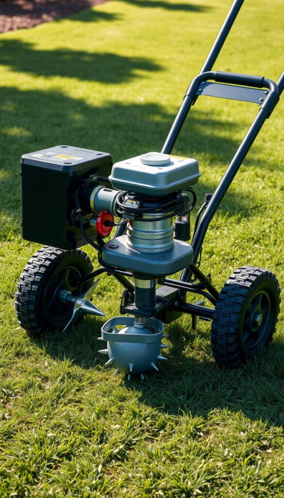a highly detailed, photorealistic image of a professional-grade lawn aerator machine in a well-lit outdoor setting, with a clear view of its key components and features. The aerator should be positioned in the center of the frame, showcasing its rugged construction, large spiked tines, and heavy-duty wheels. The background should depict a manicured lawn, with natural lighting illuminating the scene to create a sense of depth and realism. The image should convey the power and efficiency of the aerator, highlighting its ability to effectively aerate and revitalize a lawn. The overall mood should be one of professionalism, quality, and utility, reflecting the importance of this tool in maintaining a healthy, lush yard.
