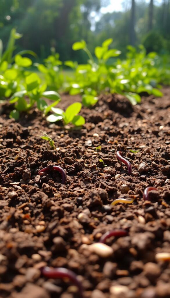 a lush, fertile soil bed in the foreground, textured with organic matter and small pebbles, illuminated by soft, diffused natural light from above. In the middle ground, earthworms and insects burrow through the soil, creating a dynamic, living ecosystem. The background features a verdant, overgrown garden scene, hinting at the potential for bountiful fall vegetable growth. The scene conveys a sense of nurturing, renewal, and the cycle of life inherent in a thriving soil system.