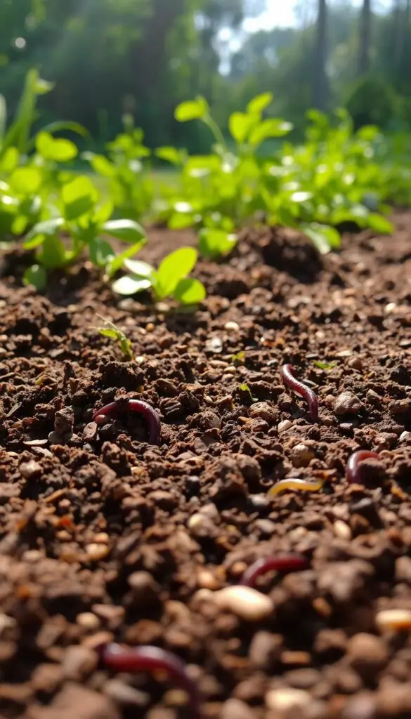 a lush, fertile soil bed in the foreground, textured with organic matter and small pebbles, illuminated by soft, diffused natural light from above. In the middle ground, earthworms and insects burrow through the soil, creating a dynamic, living ecosystem. The background features a verdant, overgrown garden scene, hinting at the potential for bountiful fall vegetable growth. The scene conveys a sense of nurturing, renewal, and the cycle of life inherent in a thriving soil system.