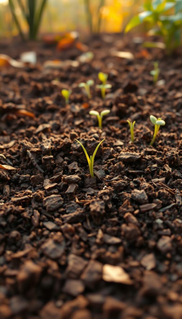 a lush, fertile soil texture in the foreground, with rich, dark brown earth teeming with organic matter and worm castings, capturing the natural vitality of healthy garden soil. In the middle ground, small green shoots and seedlings emerge from the soil, signaling the start of new growth. The background features a warm, golden-hued lighting, casting a soft glow and evoking the comforting atmosphere of an autumn garden. The overall composition emphasizes the importance of soil care and preparation for a successful and vibrant garden in the coming year. a lush, fertile soil texture in the foreground, with rich, dark brown earth teeming with organic matter and worm castings, capturing the natural vitality of healthy garden soil. In the middle ground, small green shoots and seedlings emerge from the soil, signaling the start of new growth. The background features a warm, golden-hued lighting, casting a soft glow and evoking the comforting atmosphere of an autumn garden. The overall composition emphasizes the importance of soil care and preparation for a successful and vibrant garden in the coming year.