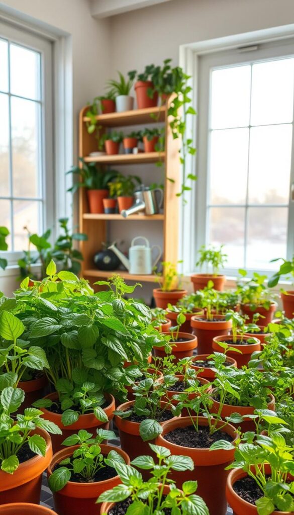 a lush indoor garden setup in a bright, airy room with large windows that let in natural light. The foreground features a variety of healthy, vibrant plants in terracotta pots, including leafy greens, herbs, and small vegetable seedlings. The middle ground showcases a wooden shelving unit displaying potted plants, gardening tools, and a small watering can. In the background, a window overlooks a serene outdoor scene, casting a warm, diffused glow throughout the space. The overall atmosphere is peaceful, tranquil, and inviting, perfect for nurturing a thriving indoor garden during the winter months. a lush indoor garden setup in a bright, airy room with large windows that let in natural light. The foreground features a variety of healthy, vibrant plants in terracotta pots, including leafy greens, herbs, and small vegetable seedlings. The middle ground showcases a wooden shelving unit displaying potted plants, gardening tools, and a small watering can. In the background, a window overlooks a serene outdoor scene, casting a warm, diffused glow throughout the space. The overall atmosphere is peaceful, tranquil, and inviting, perfect for nurturing a thriving indoor garden during the winter months.