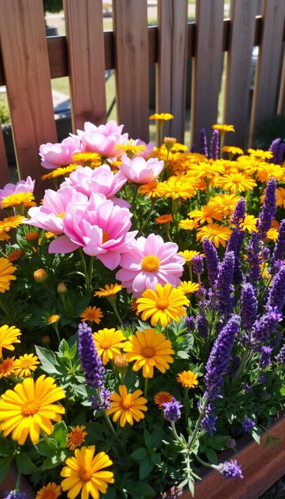 a lush, meticulously-manicured small garden nestled in a raised bed, filled with a vibrant array of companion flowers in full bloom - delicate pink peonies, cheerful yellow marigolds, and fragrant purple lavender. the sun is shining warmly, casting a soft, natural light that highlights the intricate textures and vibrant colors of the blooms. the garden is set against a backdrop of a quaint wooden fence, framing the scene with a rustic, cozy ambiance. the overall composition exudes a sense of harmony, tranquility and the joyful beauty of nature in a compact, manageable space. a lush, meticulously-manicured small garden nestled in a raised bed, filled with a vibrant array of companion flowers in full bloom - delicate pink peonies, cheerful yellow marigolds, and fragrant purple lavender. the sun is shining warmly, casting a soft, natural light that highlights the intricate textures and vibrant colors of the blooms. the garden is set against a backdrop of a quaint wooden fence, framing the scene with a rustic, cozy ambiance. the overall composition exudes a sense of harmony, tranquility and the joyful beauty of nature in a compact, manageable space.
