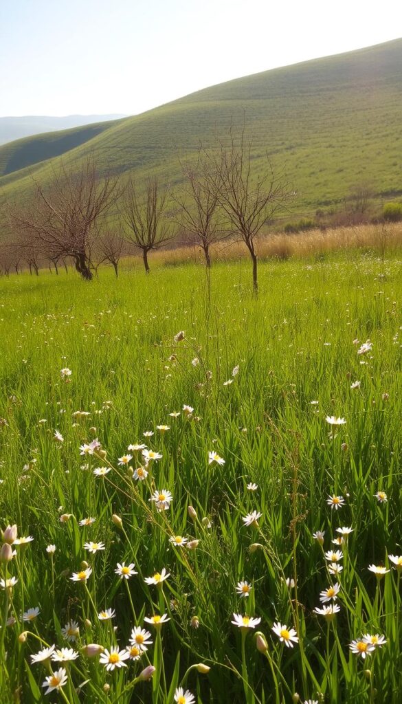a lush, verdant landscape bathed in the warm, golden light of early spring. a vibrant, sun-dappled meadow filled with clusters of delicate wildflowers in soft pastels, their petals gently swaying in a light breeze. in the middle ground, a row of budding trees with tender, emerald leaves unfurling, their branches casting intricate shadows on the ground below. in the distance, a rolling hillside blanketed in a patchwork of freshly greened grass and blooming wildflowers, the horizon hazy and dreamlike under a clear, azure sky. the overall mood is one of renewal, growth, and the promise of the season to come.