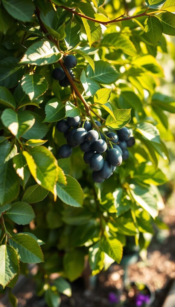 a lush, verdant prune plant with thick, glossy leaves and delicate, purple-hued prunes hanging in clusters, captured in a warm, natural lighting, shot from a low angle to emphasize the plant's graceful form and abundance, set against a softly blurred, sun-dappled garden backdrop, conveying a serene, tranquil atmosphere perfect for showcasing the beauty and function of this carefully pruned and shaped summer plant