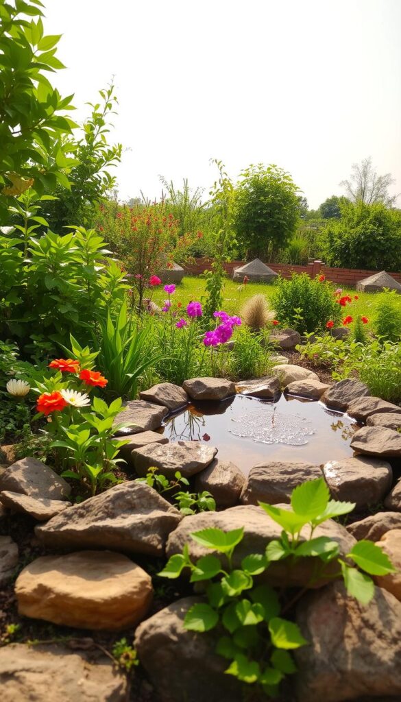 a lush, verdant summer garden with a focal point of a small pond or water feature, reflecting the sunlight and creating a sense of moisture and tranquility. The pond is surrounded by vibrant, healthy plants that appear to be thriving in the moist, nourishing environment. The foreground showcases strategically placed stones or rocks that provide a natural and organic border, while the middle ground features a mix of flowering plants and foliage that create a layered, visually interesting composition. The background includes a soft, hazy sky with just a few wispy clouds, conveying a sense of warmth and a gentle, calming atmosphere. The overall scene exudes a feeling of rejuvenation and a celebration of the natural world's ability to thrive in the summer season. a lush, verdant summer garden with a focal point of a small pond or water feature, reflecting the sunlight and creating a sense of moisture and tranquility. The pond is surrounded by vibrant, healthy plants that appear to be thriving in the moist, nourishing environment. The foreground showcases strategically placed stones or rocks that provide a natural and organic border, while the middle ground features a mix of flowering plants and foliage that create a layered, visually interesting composition. The background includes a soft, hazy sky with just a few wispy clouds, conveying a sense of warmth and a gentle, calming atmosphere. The overall scene exudes a feeling of rejuvenation and a celebration of the natural world's ability to thrive in the summer season.