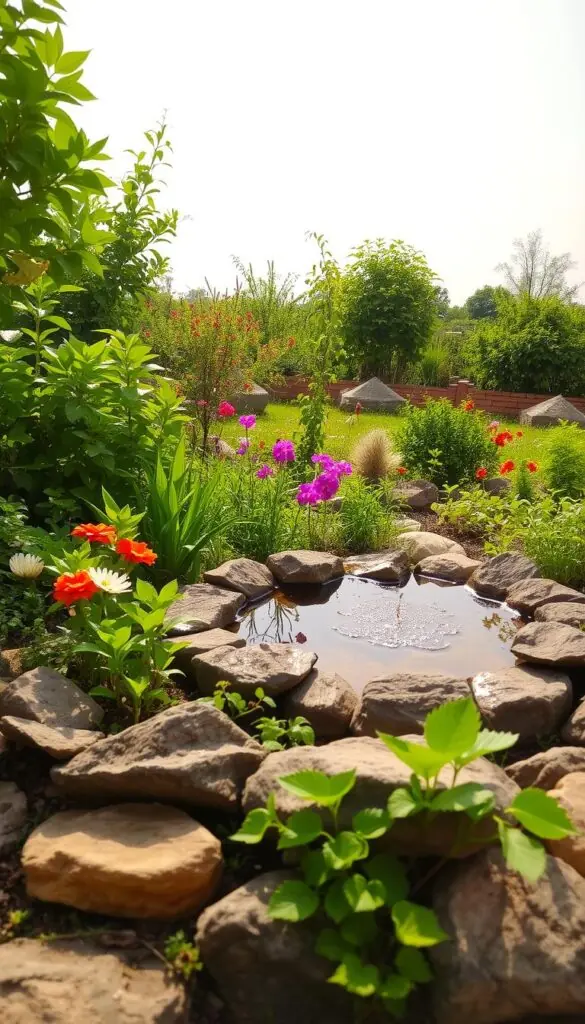a lush, verdant summer garden with a focal point of a small pond or water feature, reflecting the sunlight and creating a sense of moisture and tranquility. The pond is surrounded by vibrant, healthy plants that appear to be thriving in the moist, nourishing environment. The foreground showcases strategically placed stones or rocks that provide a natural and organic border, while the middle ground features a mix of flowering plants and foliage that create a layered, visually interesting composition. The background includes a soft, hazy sky with just a few wispy clouds, conveying a sense of warmth and a gentle, calming atmosphere. The overall scene exudes a feeling of rejuvenation and a celebration of the natural world's ability to thrive in the summer season.