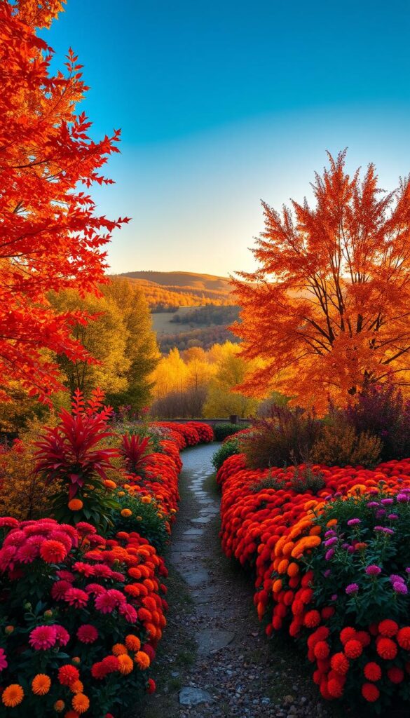 a lush, vibrant autumn landscape with a foreground of colorful foliage, including rich red maple leaves, golden-yellow birch trees, and deep orange oaks, their branches reaching towards a brilliant azure sky. In the middle ground, a winding path meanders through a garden brimming with chrysanthemums, marigolds, and asters in shades of crimson, ochre, and plum. In the background, rolling hills are silhouetted against a warm, golden-hour light, casting a soft, glowing hue over the entire scene. The overall mood is one of cozy, harvest-time abundance and the magic of nature's seasonal display.