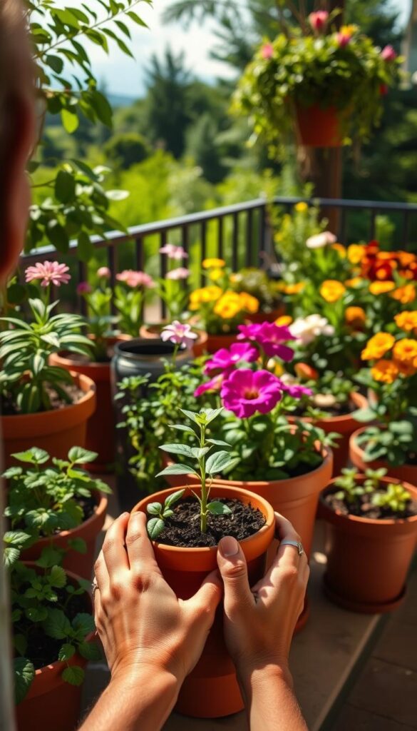 a lush, vibrant container garden in full bloom, featuring a variety of potted plants and flowers arranged harmoniously. The foreground showcases a person's hands carefully planting a seedling in a terracotta pot, their face not visible. The middle ground features a selection of colorful potted plants, their leaves and petals swaying gently in a soft breeze. The background depicts a sun-dappled patio or balcony, with a subtle natural backdrop of greenery and a clear sky. The lighting is warm and inviting, creating a sense of tranquility and joy. The overall composition conveys the beauty, simplicity, and satisfaction of cultivating a thriving container garden. a lush, vibrant container garden in full bloom, featuring a variety of potted plants and flowers arranged harmoniously. The foreground showcases a person's hands carefully planting a seedling in a terracotta pot, their face not visible. The middle ground features a selection of colorful potted plants, their leaves and petals swaying gently in a soft breeze. The background depicts a sun-dappled patio or balcony, with a subtle natural backdrop of greenery and a clear sky. The lighting is warm and inviting, creating a sense of tranquility and joy. The overall composition conveys the beauty, simplicity, and satisfaction of cultivating a thriving container garden.