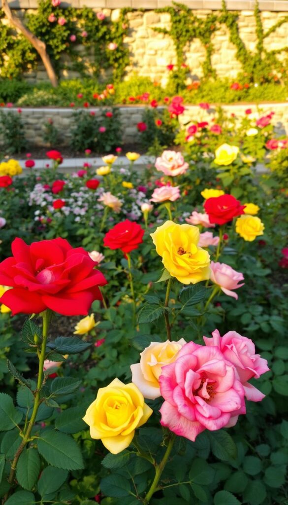 a lush, vibrant garden with a variety of rose bushes in full bloom, their petals glistening under the warm, golden sunlight. In the foreground, a cluster of red, yellow, and pink roses stand tall, their stems adorned with thorns. The midground features a mix of garden beds with various rose cultivars, their colors and textures creating a visually striking arrangement. In the background, a stone wall or fence provides a natural backdrop, with a few scattered rose vines climbing up the structure. The overall scene conveys a sense of abundance, vitality, and the quick, rewarding results of proper rose care and attention. a lush, vibrant garden with a variety of rose bushes in full bloom, their petals glistening under the warm, golden sunlight. In the foreground, a cluster of red, yellow, and pink roses stand tall, their stems adorned with thorns. The midground features a mix of garden beds with various rose cultivars, their colors and textures creating a visually striking arrangement. In the background, a stone wall or fence provides a natural backdrop, with a few scattered rose vines climbing up the structure. The overall scene conveys a sense of abundance, vitality, and the quick, rewarding results of proper rose care and attention.